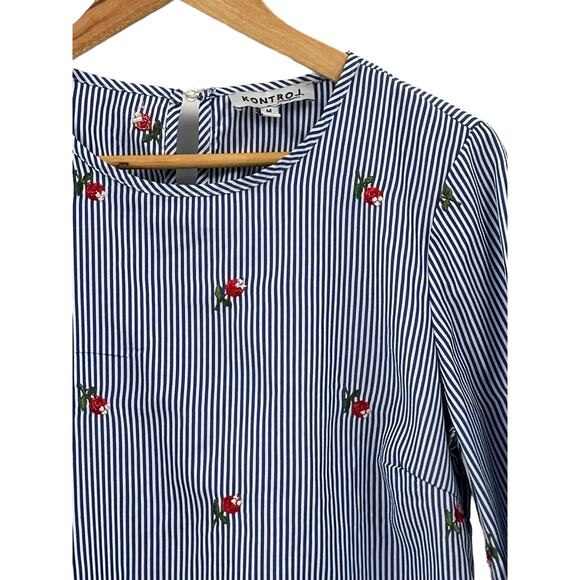 Kontro J Blue & White Stripe Embroidered Flowers Blouse - Medium - Picture 7 of 10